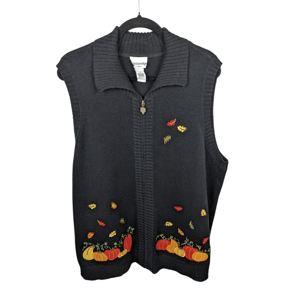 Breckenridge Woman Black Knit Pumpkin Embroidered Fall Zip Sweater‎ Vest Plus 2X